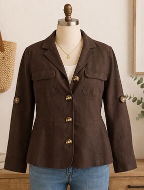Chaus Brown Linen Blend Blazer Lightweight Casual Jacket